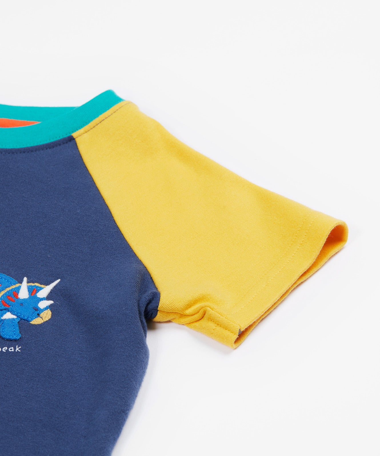 Frugi yellow and navy short sleeve top sleeve detail