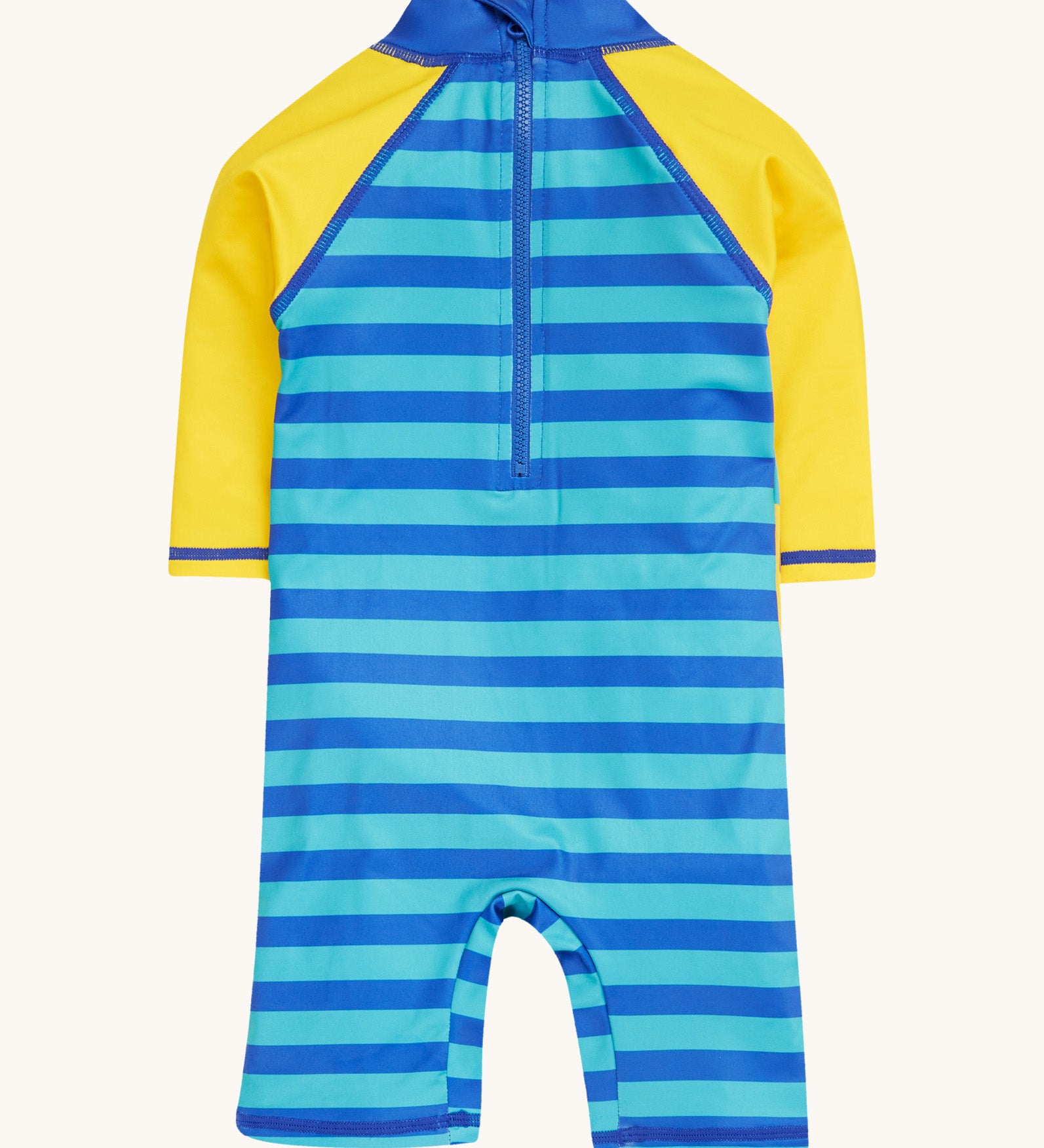 Frugi yellow and stripes little sun safe suit dino back detail