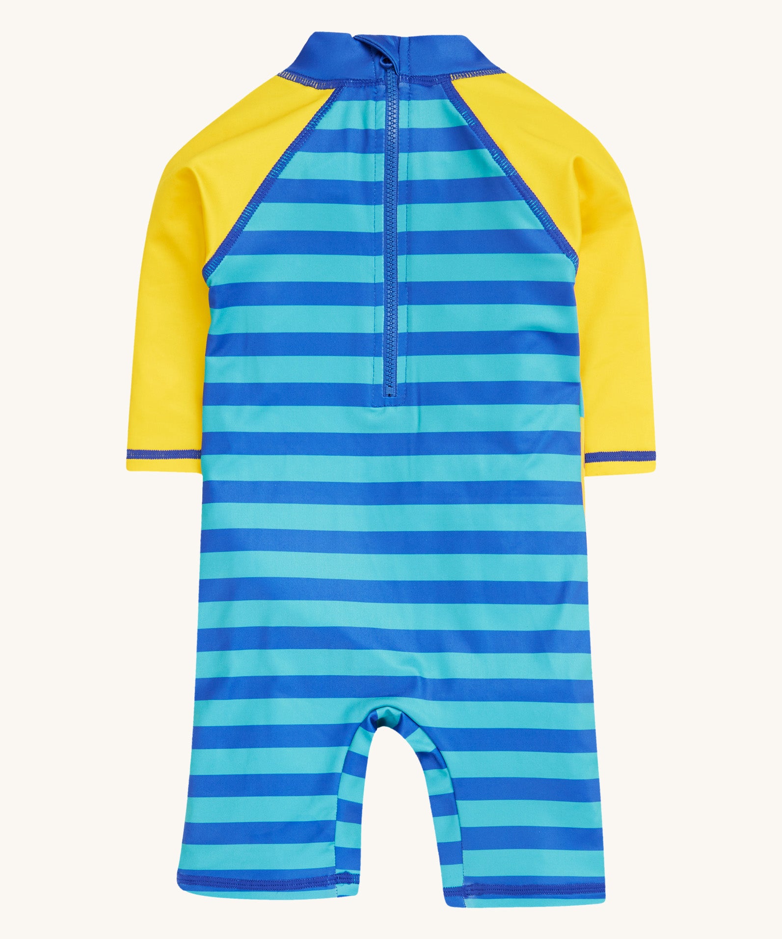 Frugi yellow and stripes little sun safe suit dino back detail