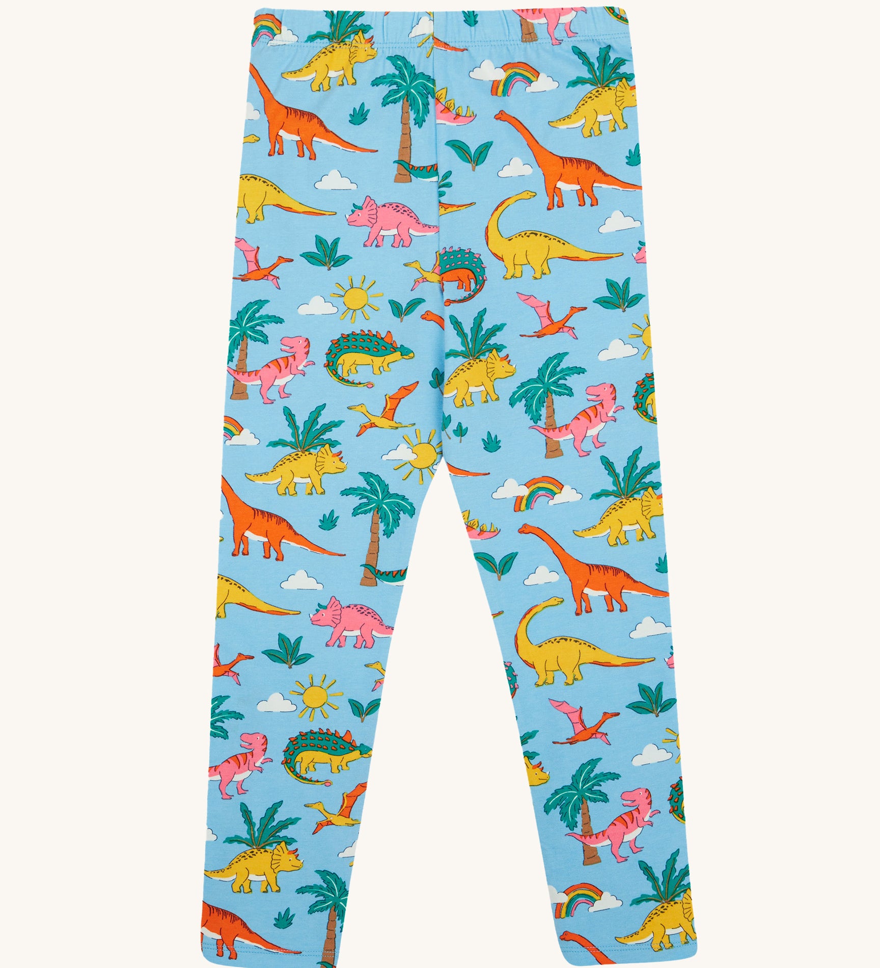 Frugi blue leggings dinoland design on a cream background