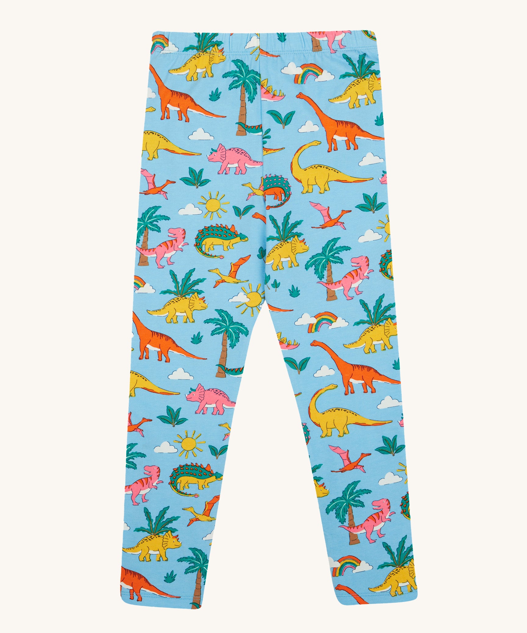 Frugi blue leggings dinoland design on a cream background