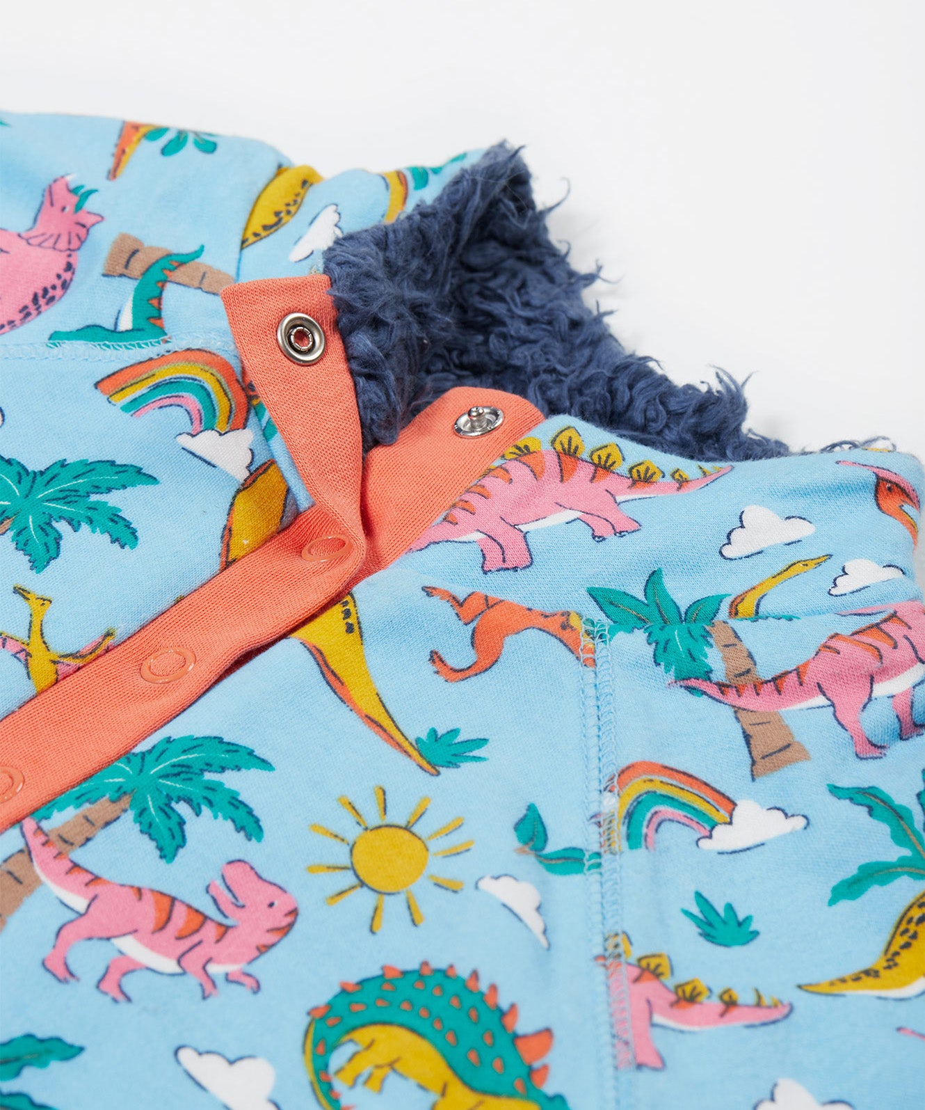 Frugi blue snuggle fleece dinoland neck detail