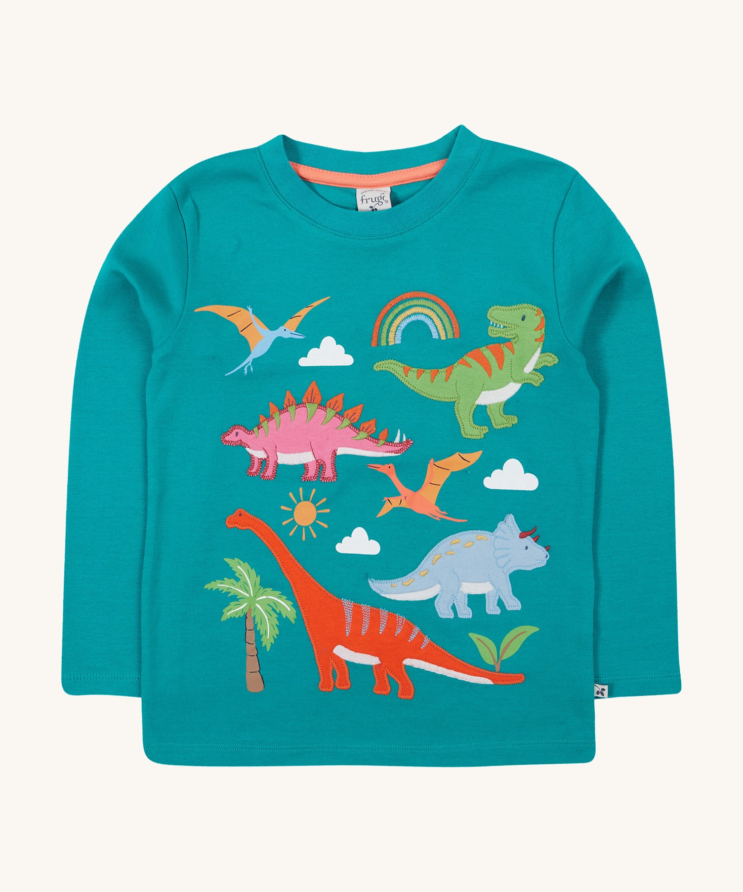 Frugi green adventure long sleeve top dinosaur design on a cream background