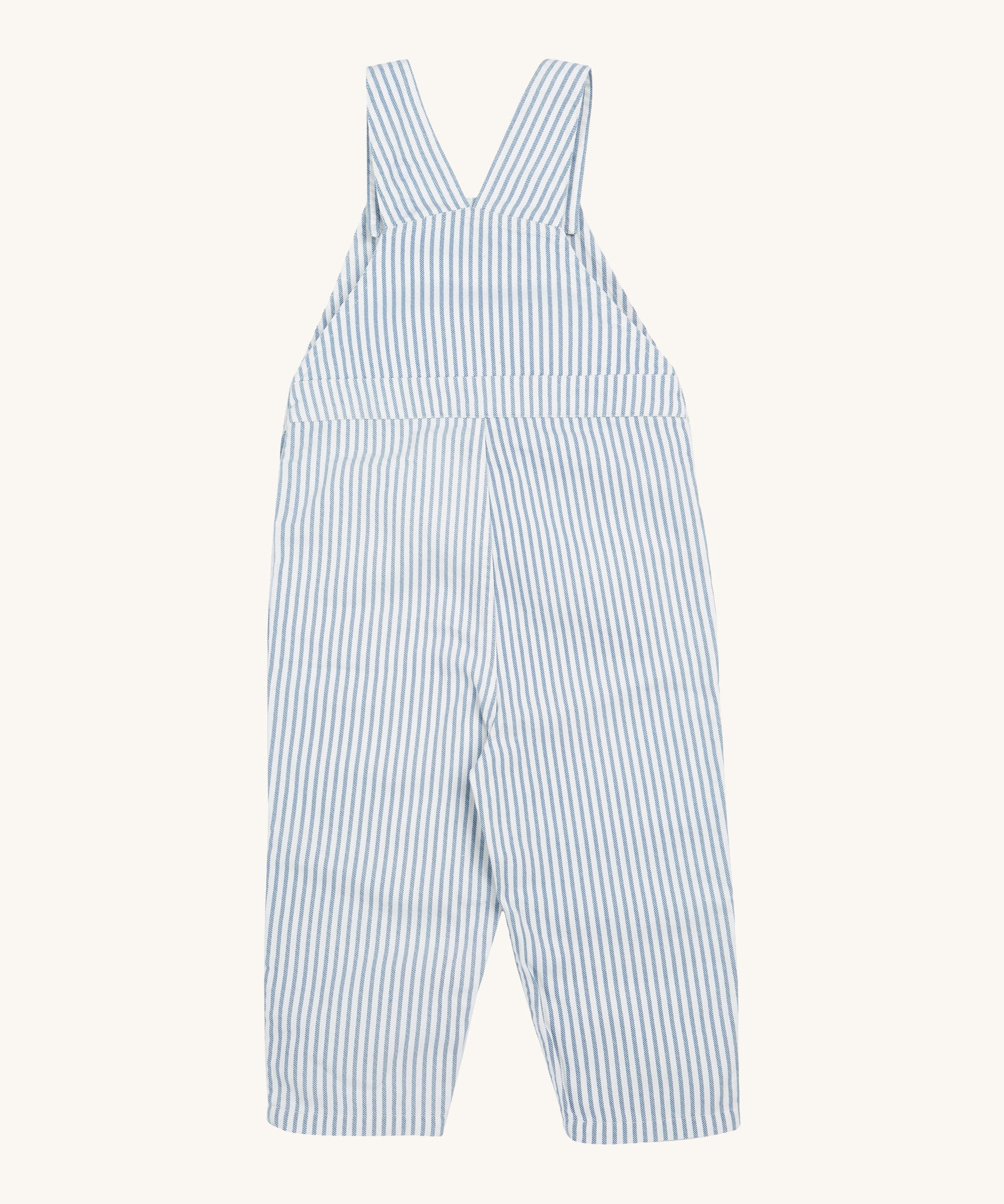 Frugi blue stripe dungarees rainbow design back detail