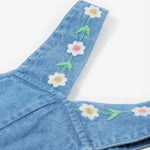 Frugi blue denim short dungarees rainbow shoulder detail