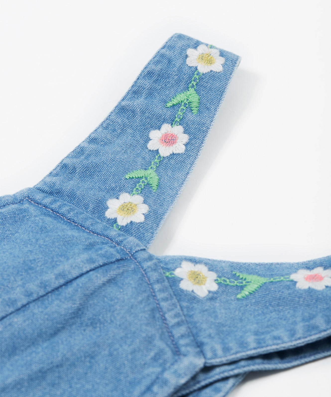 Frugi blue denim short dungarees rainbow shoulder detail