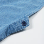 Frugi blue denim short dungarees rainbow side button detail