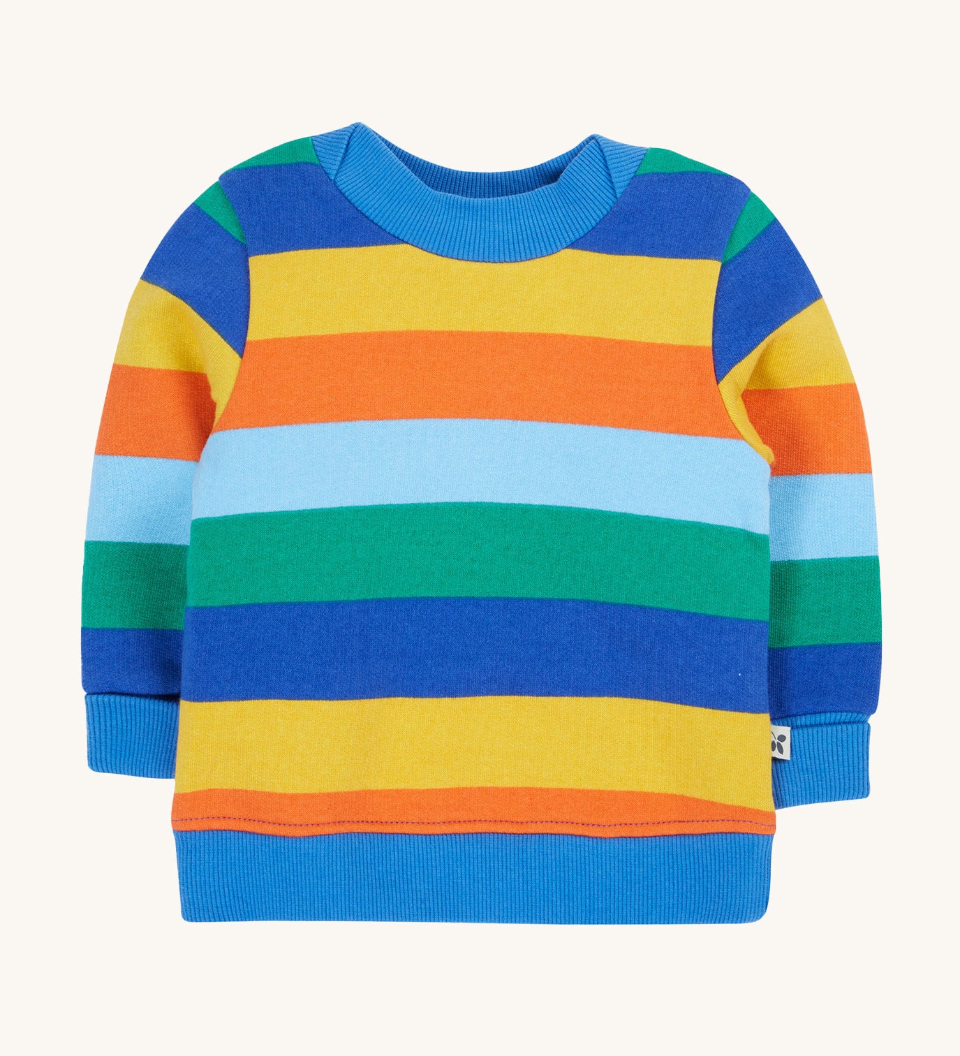 Frugi jumper bold and bright stripe design on a cream background