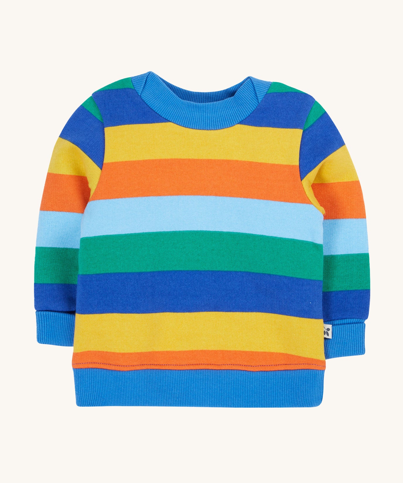 Frugi jumper bold and bright stripe design on a cream background