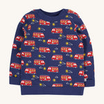 Frugi navy jumper fire engine design on a cream background.