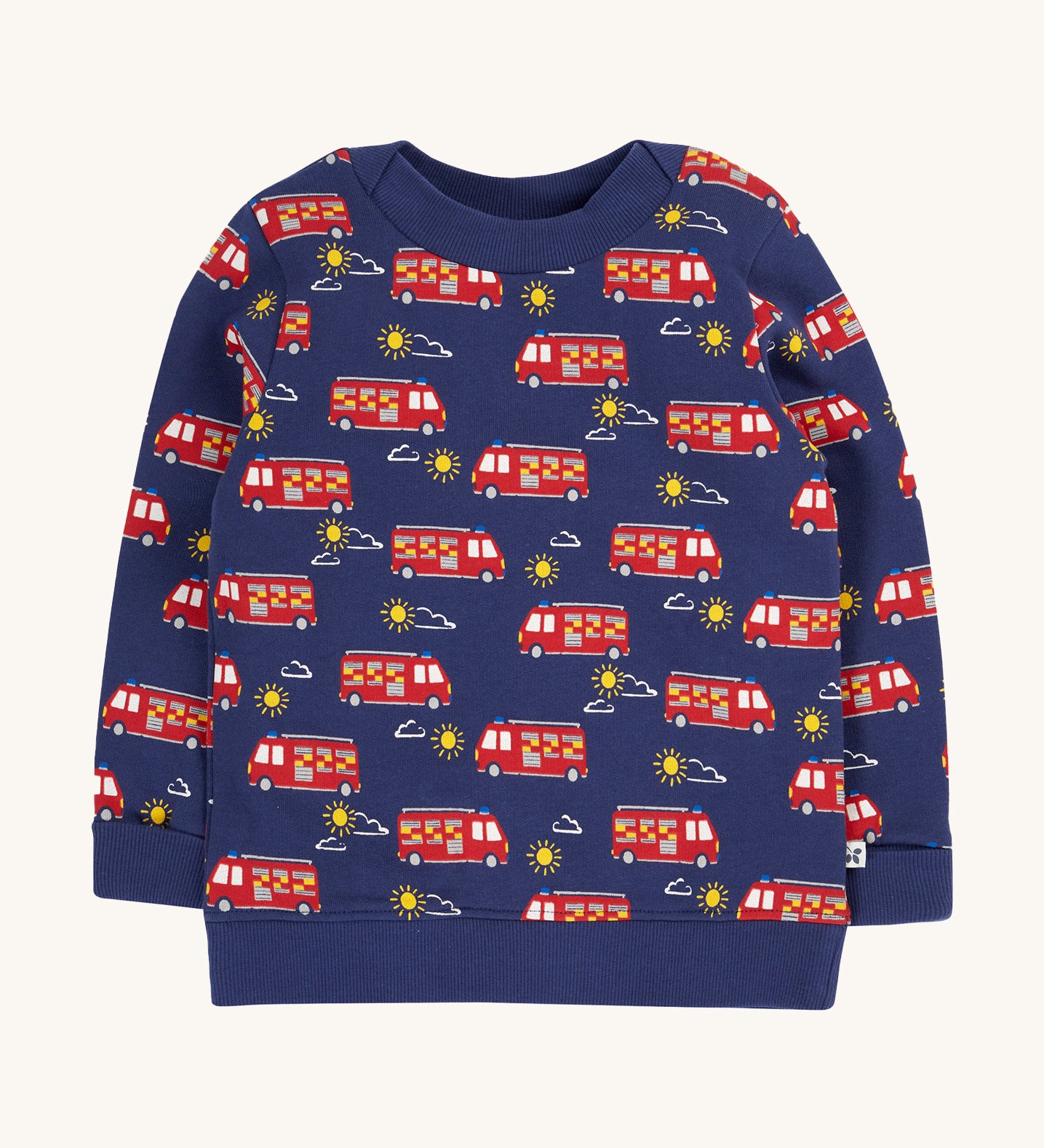 Frugi navy jumper fire engine design on a cream background.