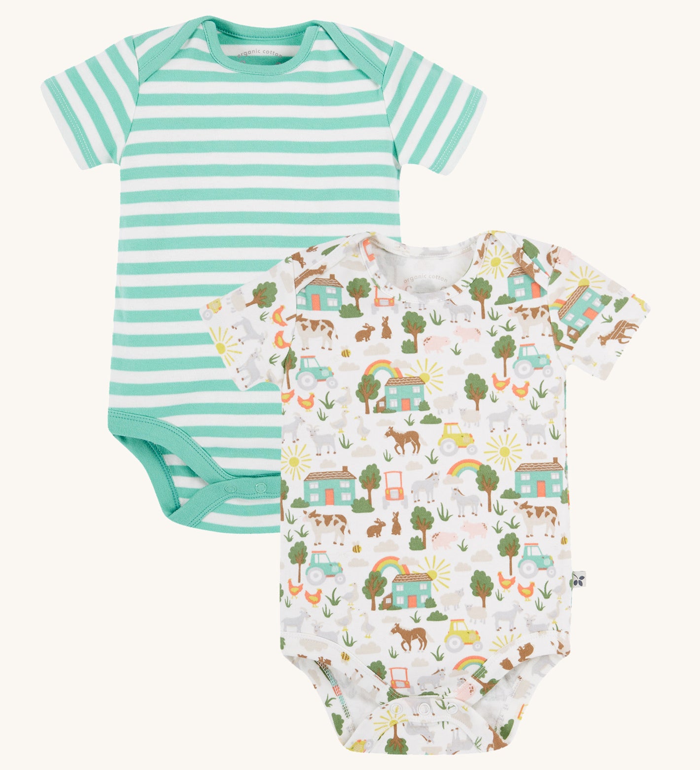 Frugi green and white striped body 2 pack farm design on a cream background.