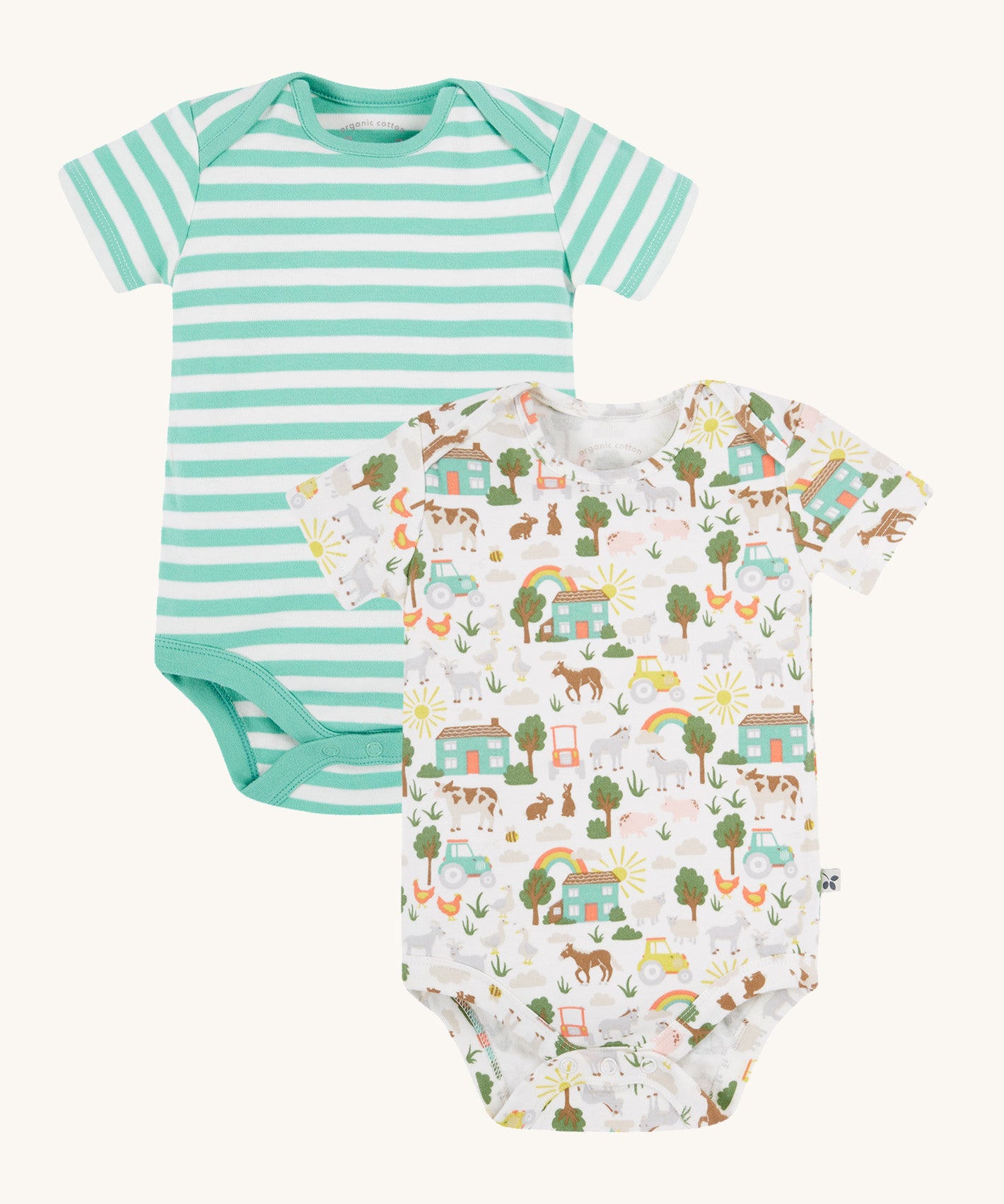 Frugi green and white striped body 2 pack farm design on a cream background.