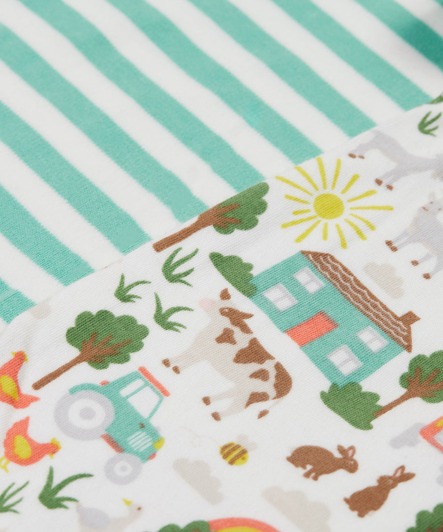 Frugi green and white striped body 2 pack farm design print detail