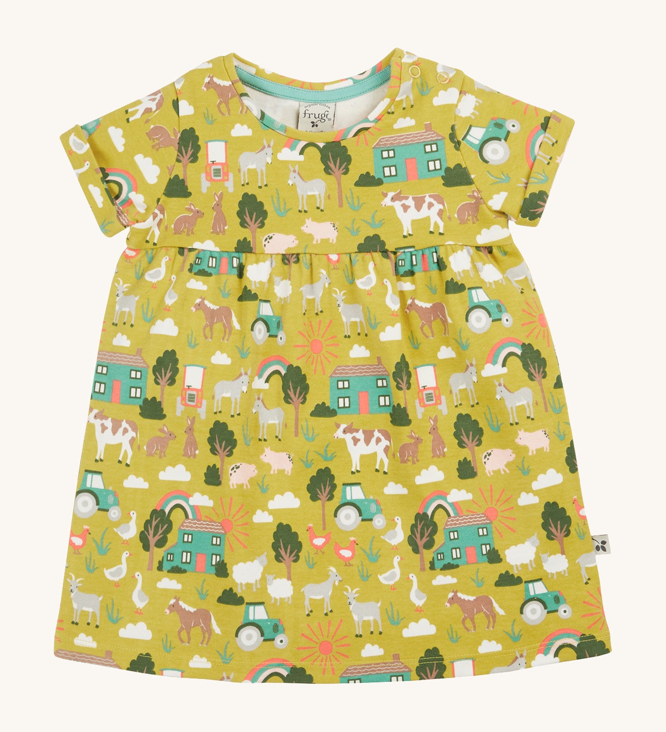 Frugi green dress farm life design on a cream background.