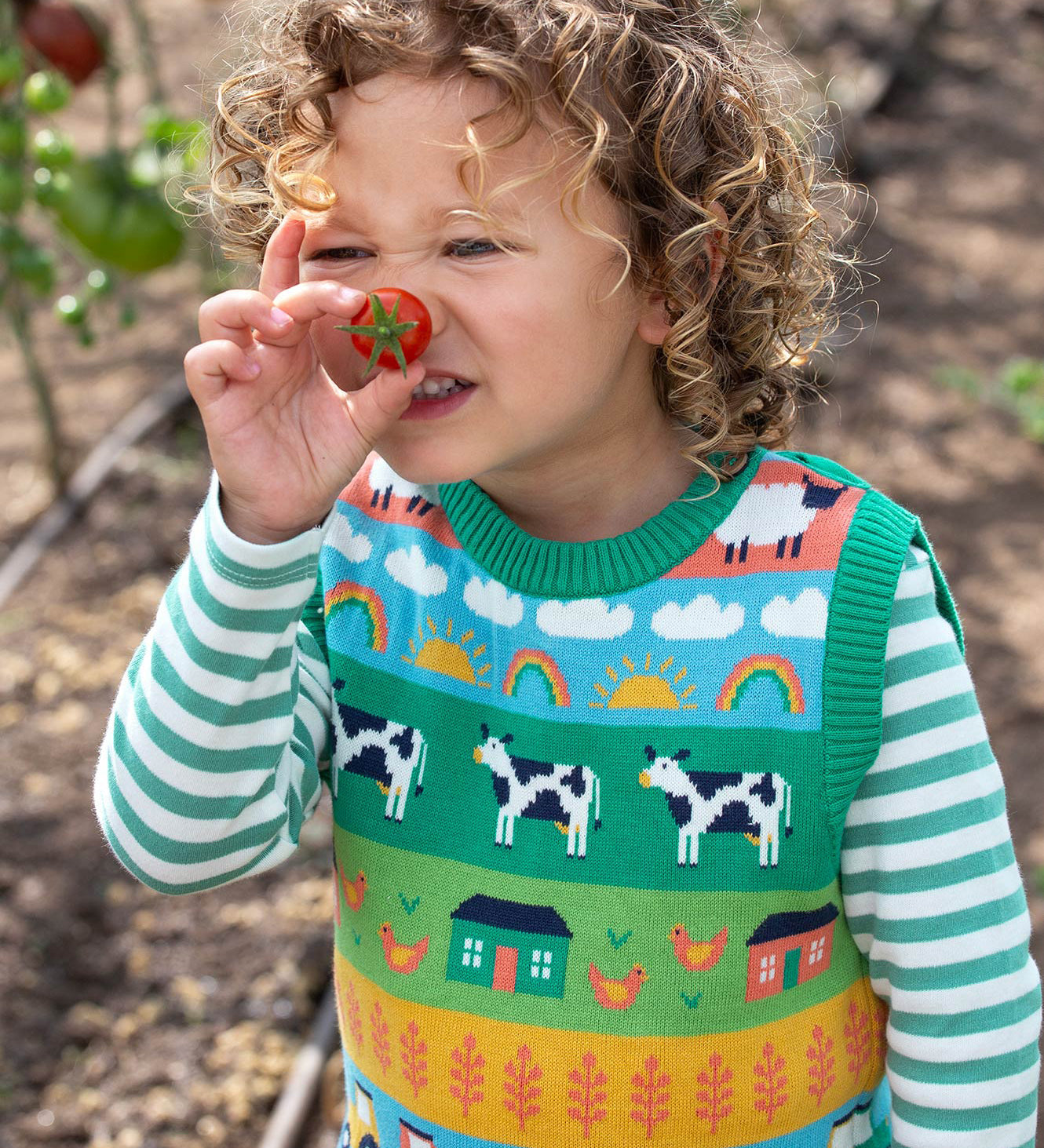 Frugi multicoloured stripe knitted tank top farm life design 