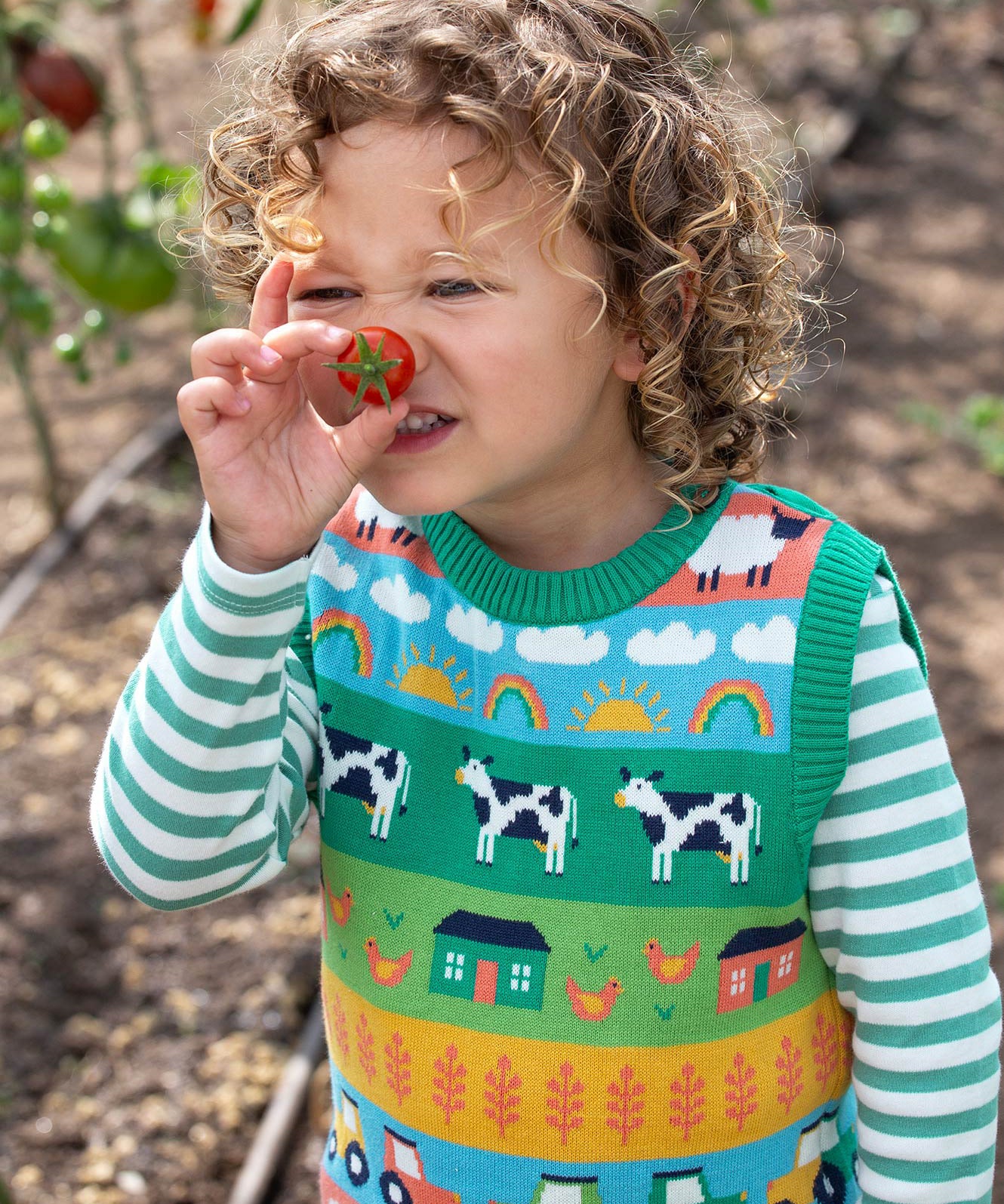 Frugi multicoloured stripe knitted tank top farm life design 