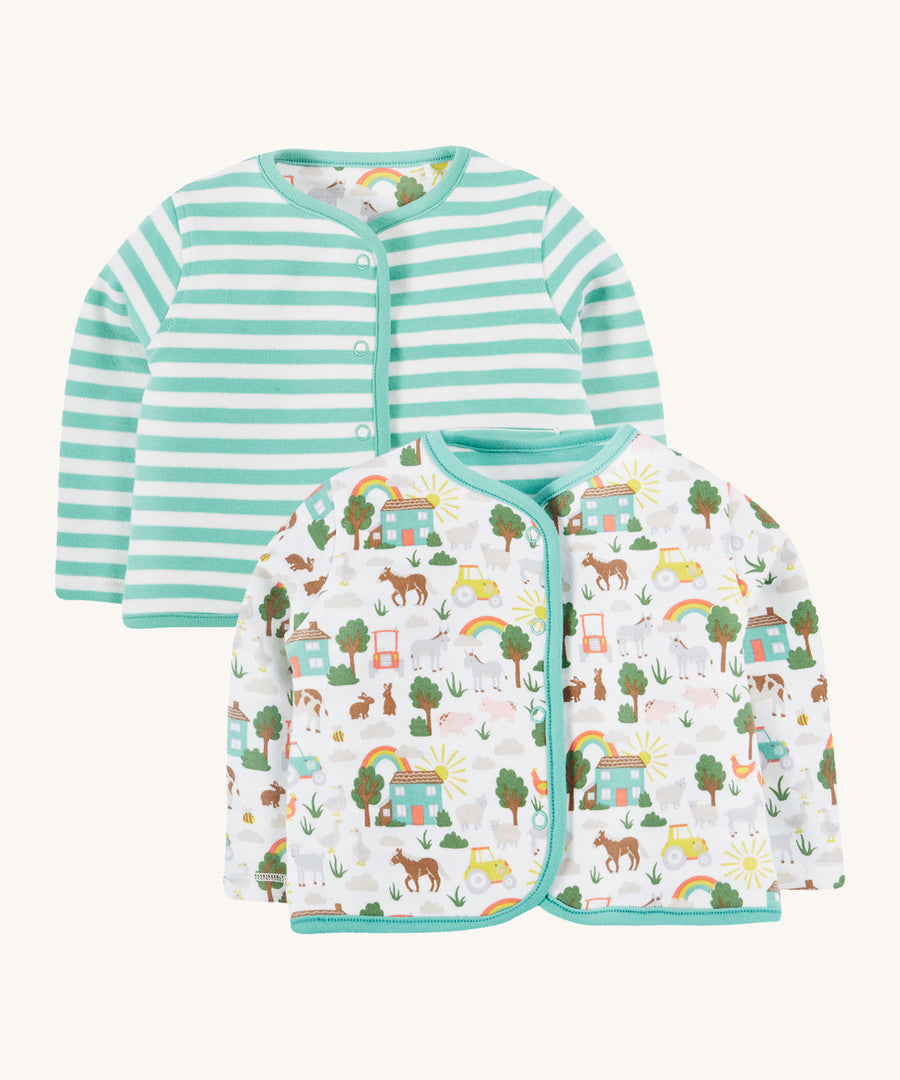 Frugi white and green stripe reversible jacket farm life design on a cream background.