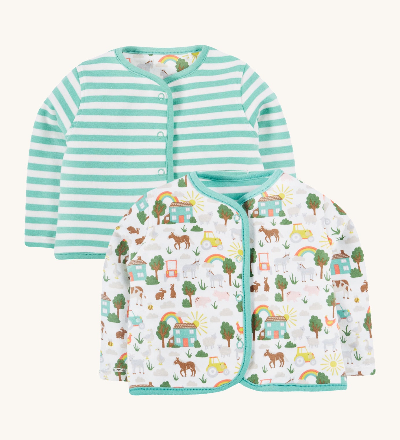 Frugi white and green stripe reversible jacket farm life design on a cream background.