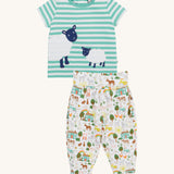 Frugi green stripe summer outfit farm life design on a cream background.