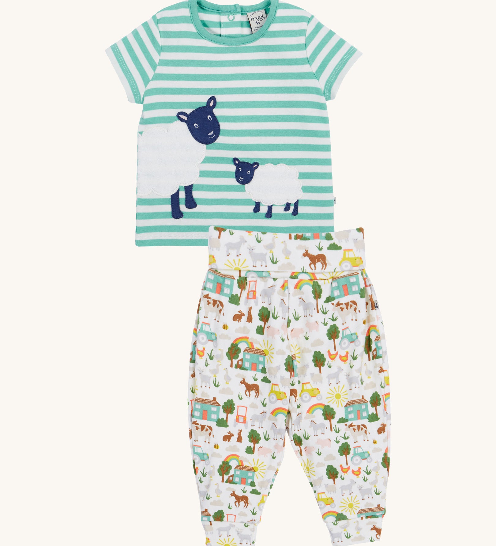 Frugi green stripe summer outfit farm life design on a cream background.