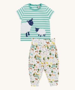 Frugi green stripe summer outfit farm life design on a cream background.