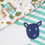 Frugi green stripe summer outfit farm life print detail