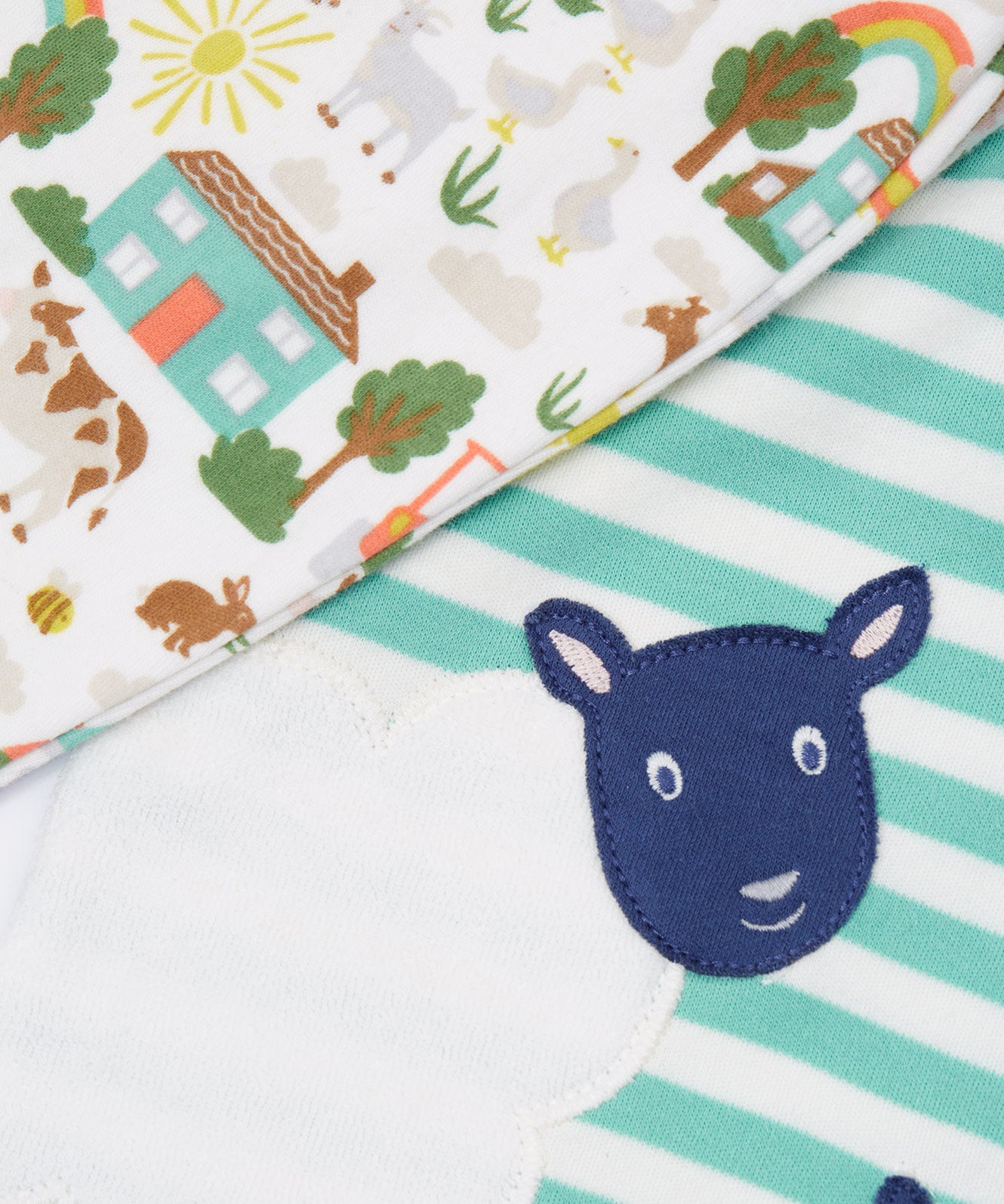 Frugi green stripe summer outfit farm life print detail