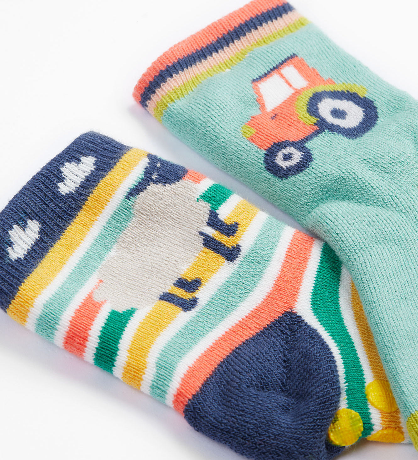 Frugi 2 pack grippy socks tractor and sheep cuff detail