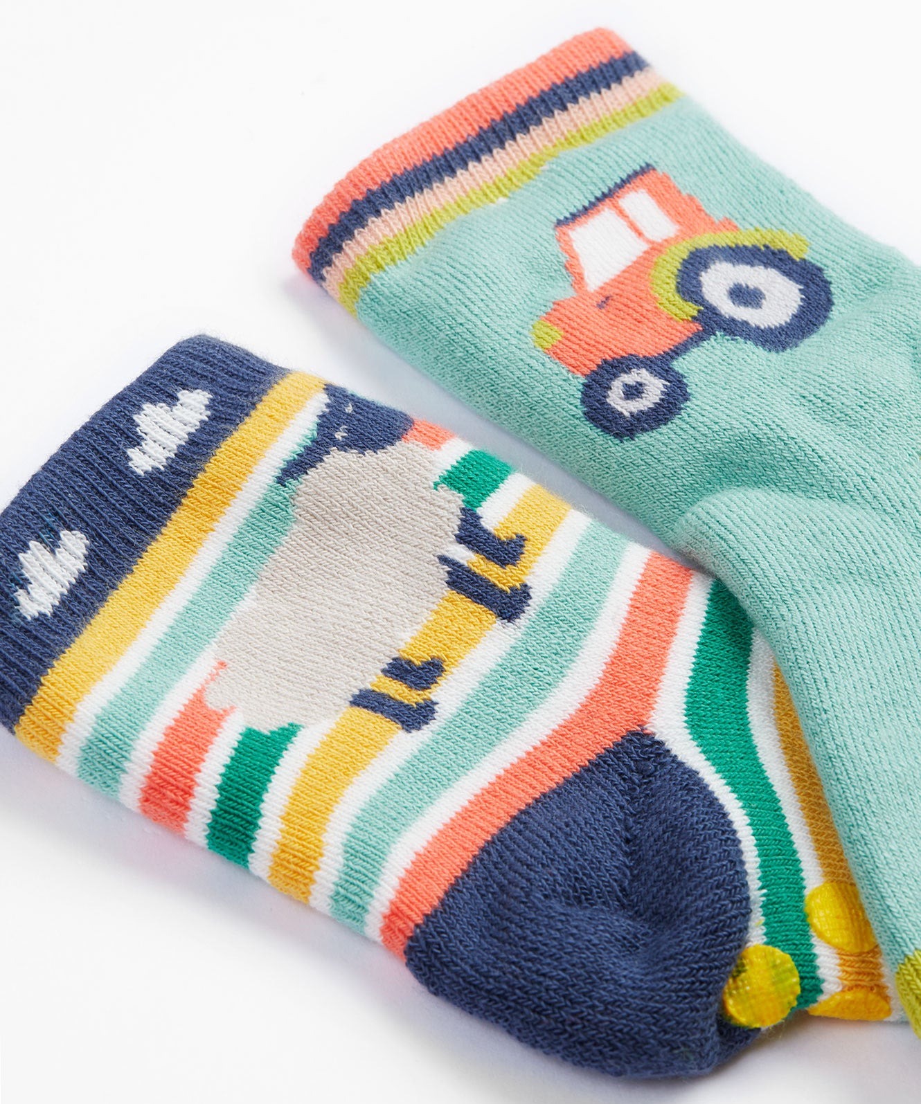 Frugi 2 pack grippy socks tractor and sheep cuff detail