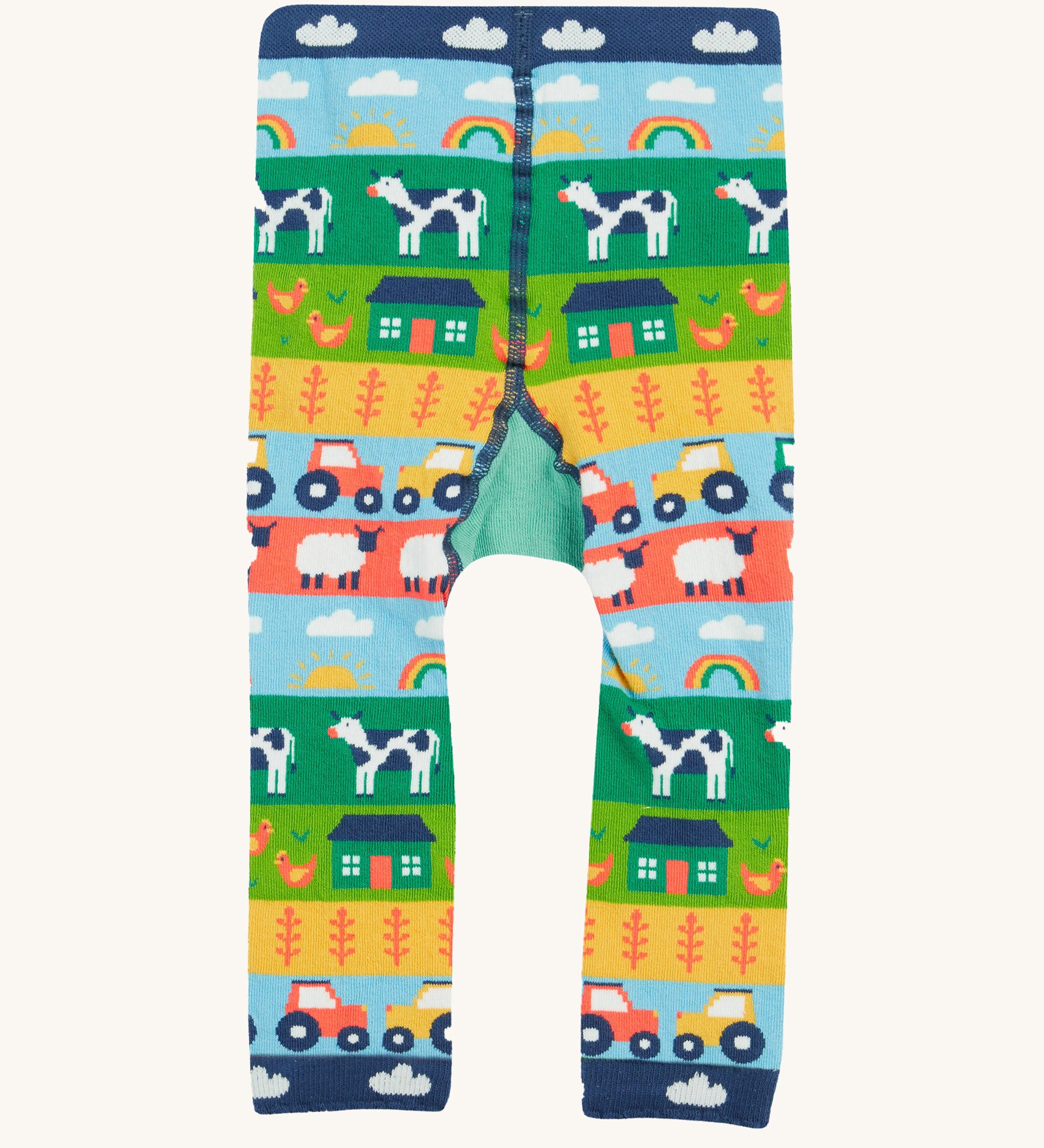 Frugi knitted leggings farm and tractor back detail on a cream background.