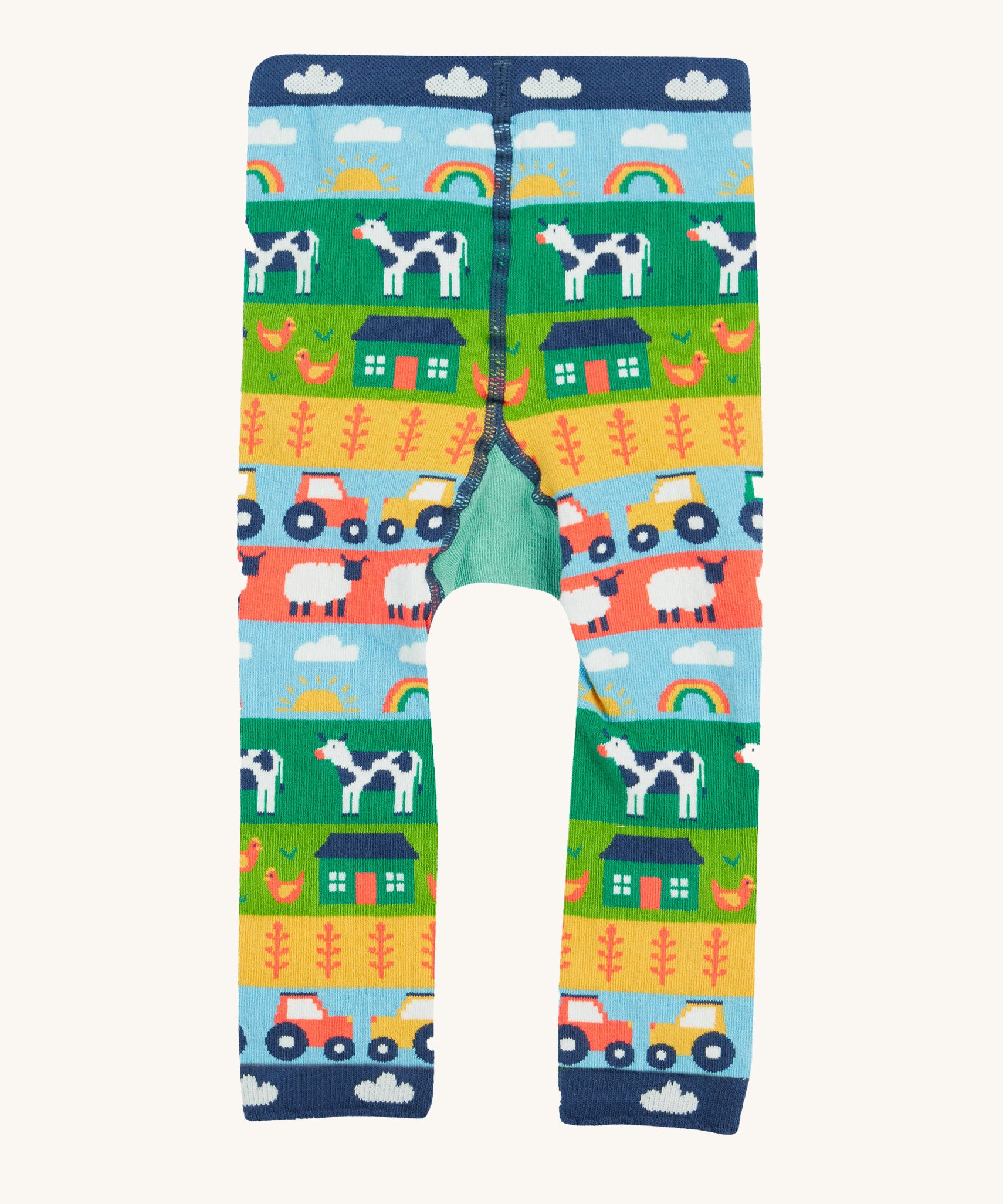 Frugi knitted leggings farm and tractor back detail on a cream background.