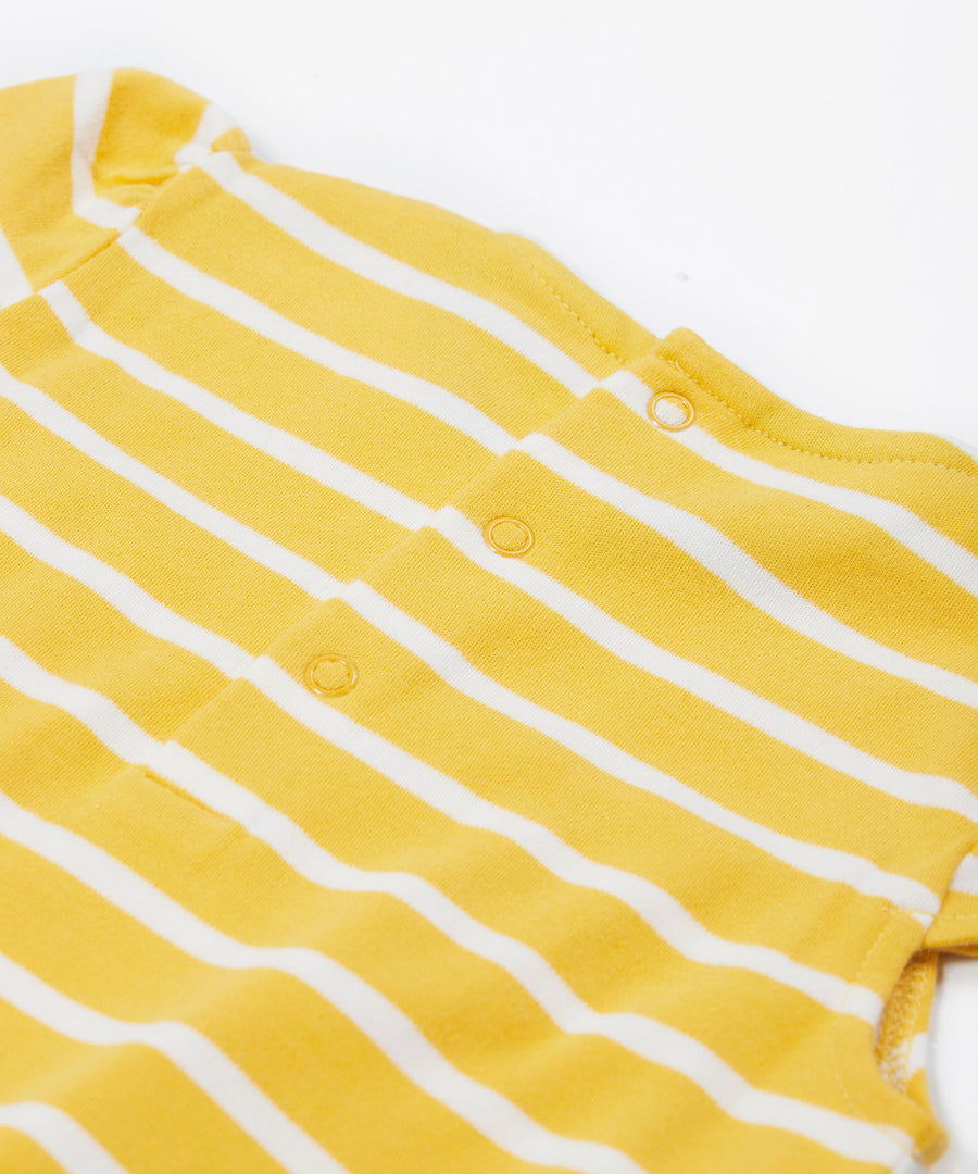 Frugi yellow striped dress fire engine design back poppers detail