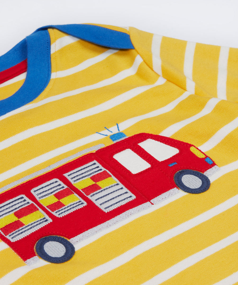 Frugi yellow long sleeve top fire engine neck detail