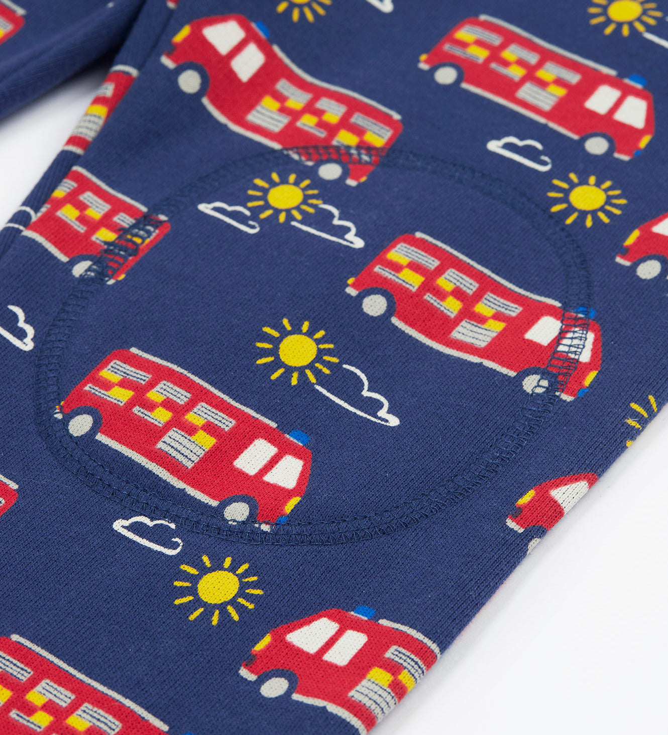 Frugi navy snuggle crawlers fire engine knee patch detail