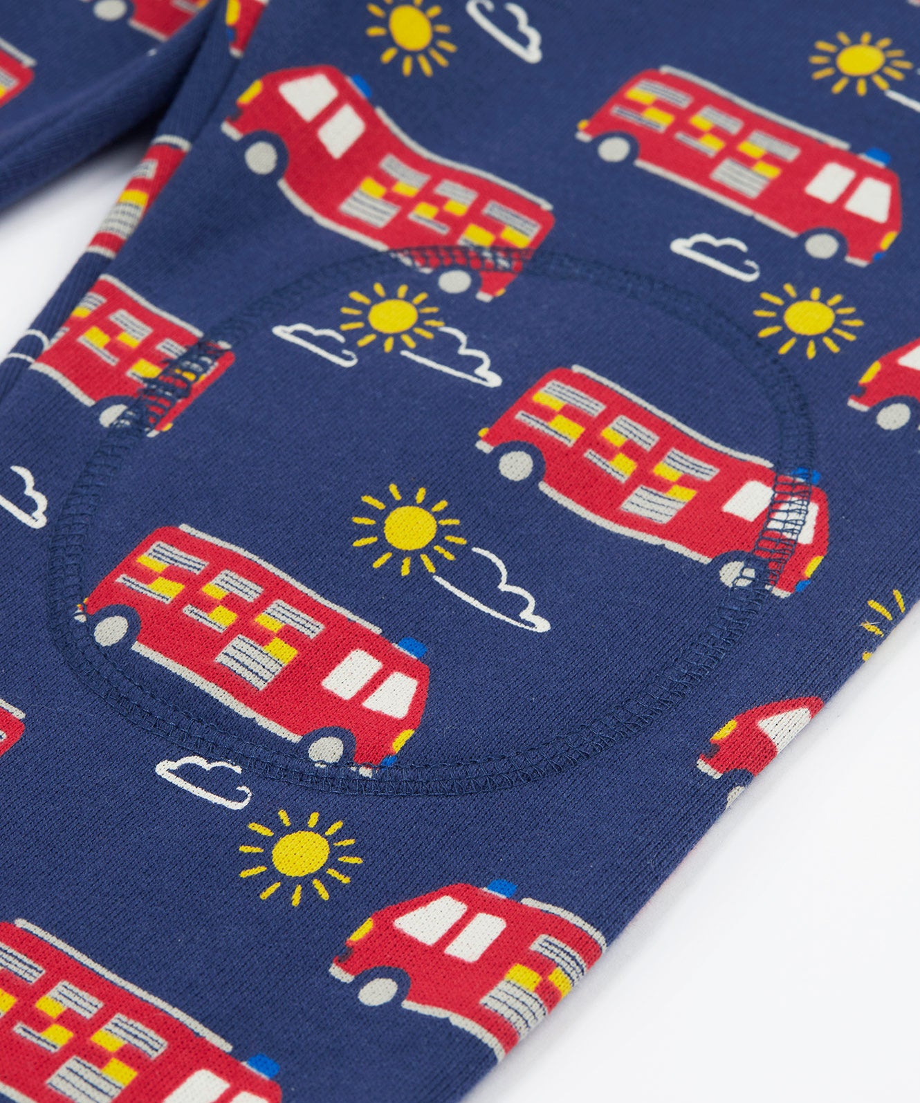 Frugi navy snuggle crawlers fire engine knee patch detail