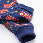 Frugi navy snuggle suit fire engine cuff detail