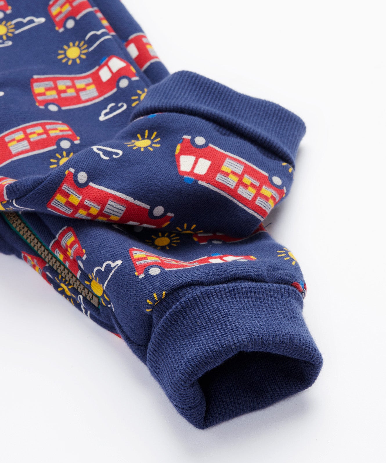 Frugi navy snuggle suit fire engine cuff detail