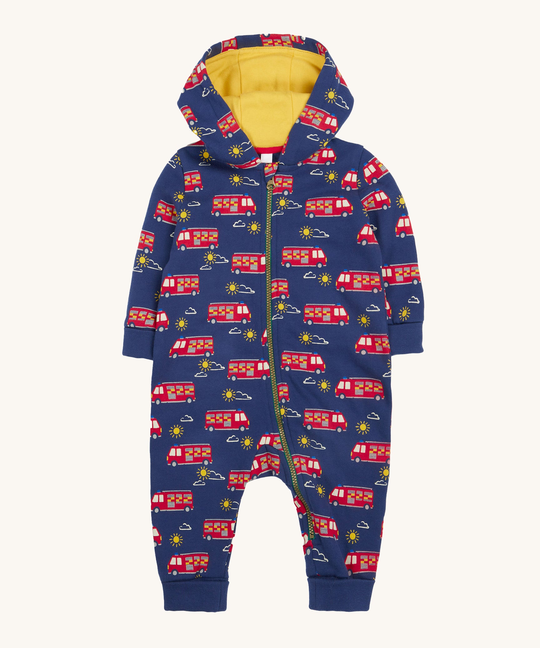 Frugi navy snuggle suit fire engine design