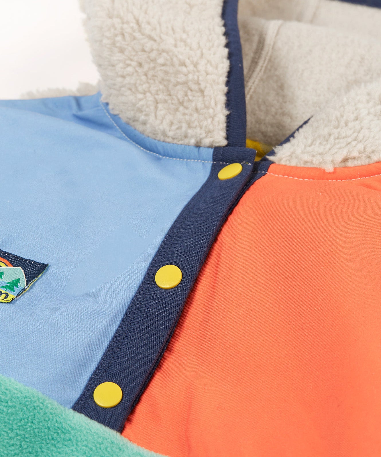 Frugi hooded fleece multicoloured block design front popper detail