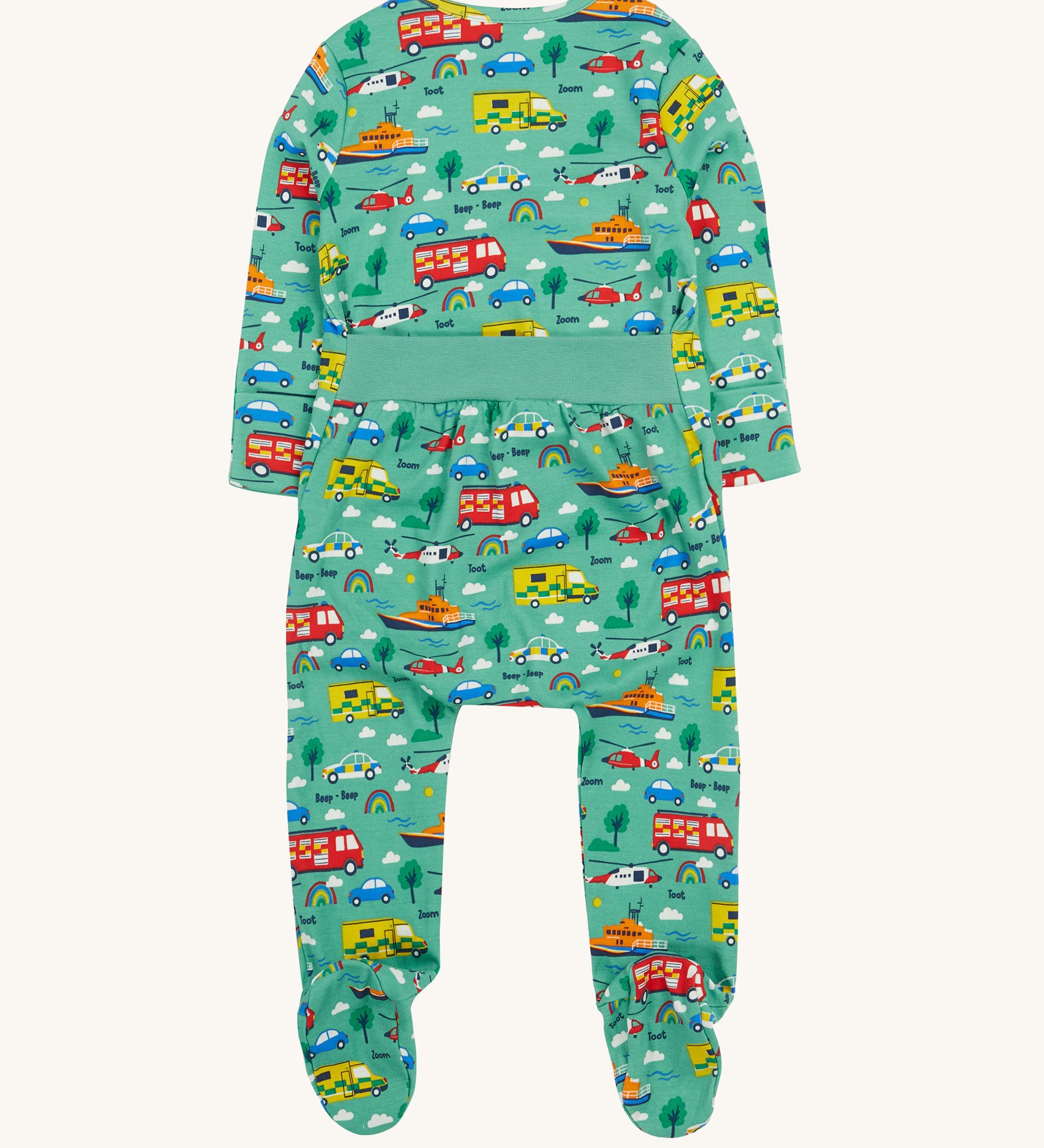 Frugi green dressing baby grow to the rescue back detail