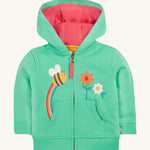 Frugi green hoodie bumblebee design on a cream background.