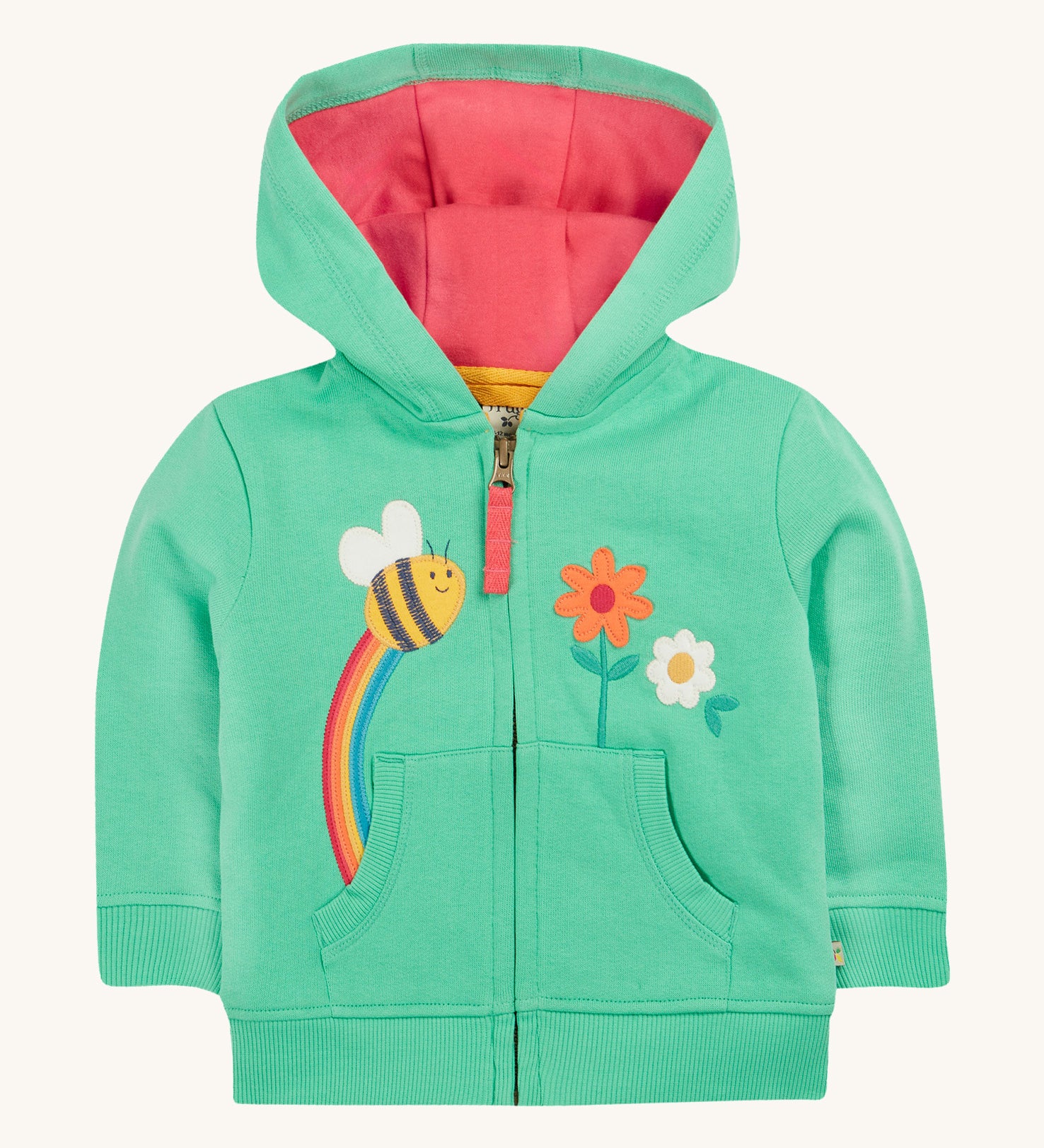 Frugi green hoodie bumblebee design on a cream background.