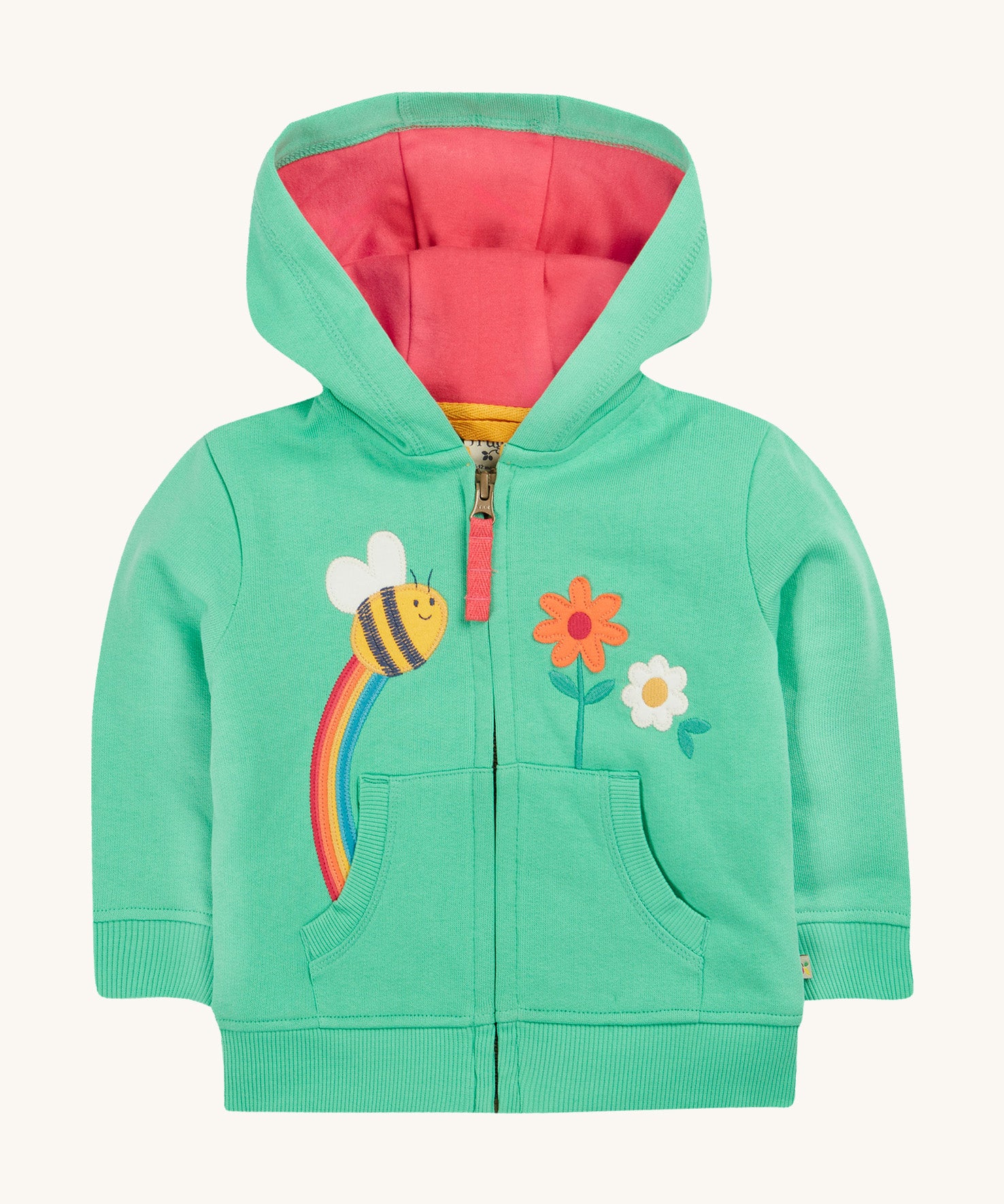 Frugi green hoodie bumblebee design on a cream background.