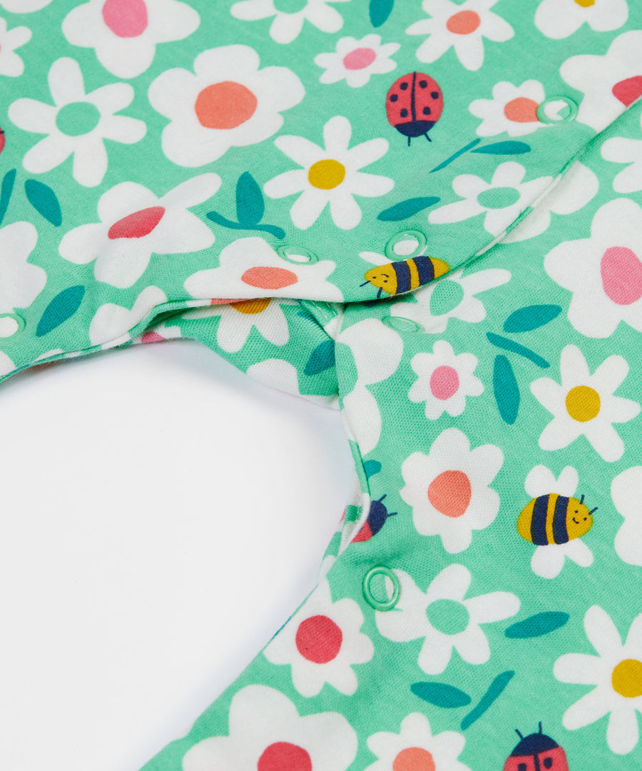 Frugi green baby grow busy bugs leg detail