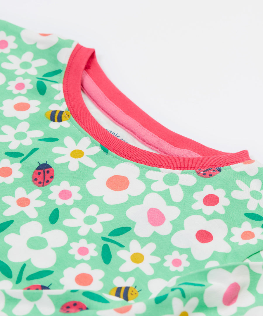 Frugi green pyjamas set busy bugs neck detail