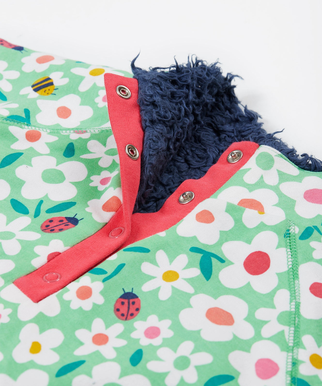 Frugi green snuggle fleece busy bugs neck detail