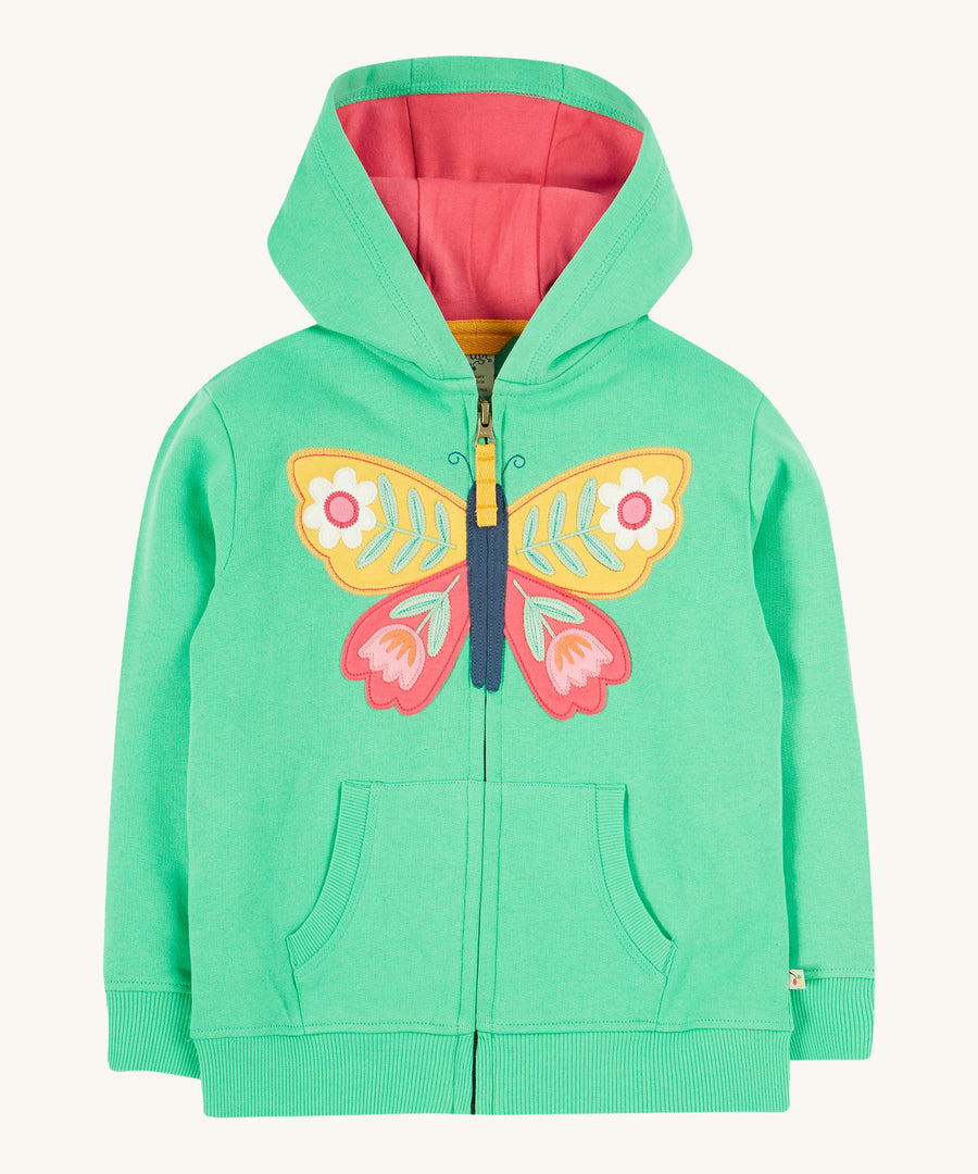 Frugi green hoodie butterfly design on a cream background