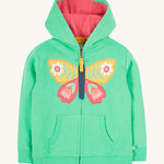 Frugi green hoodie butterfly design on a cream background