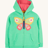 Frugi green hoodie butterfly design on a cream background